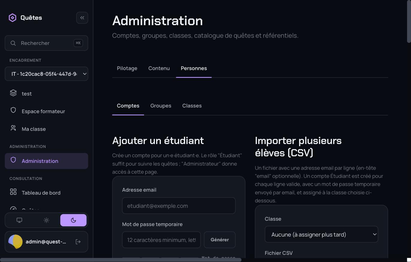Création de compte et import CSV d'une classe