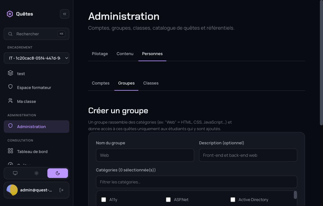 Écran de gestion des groupes de catégories