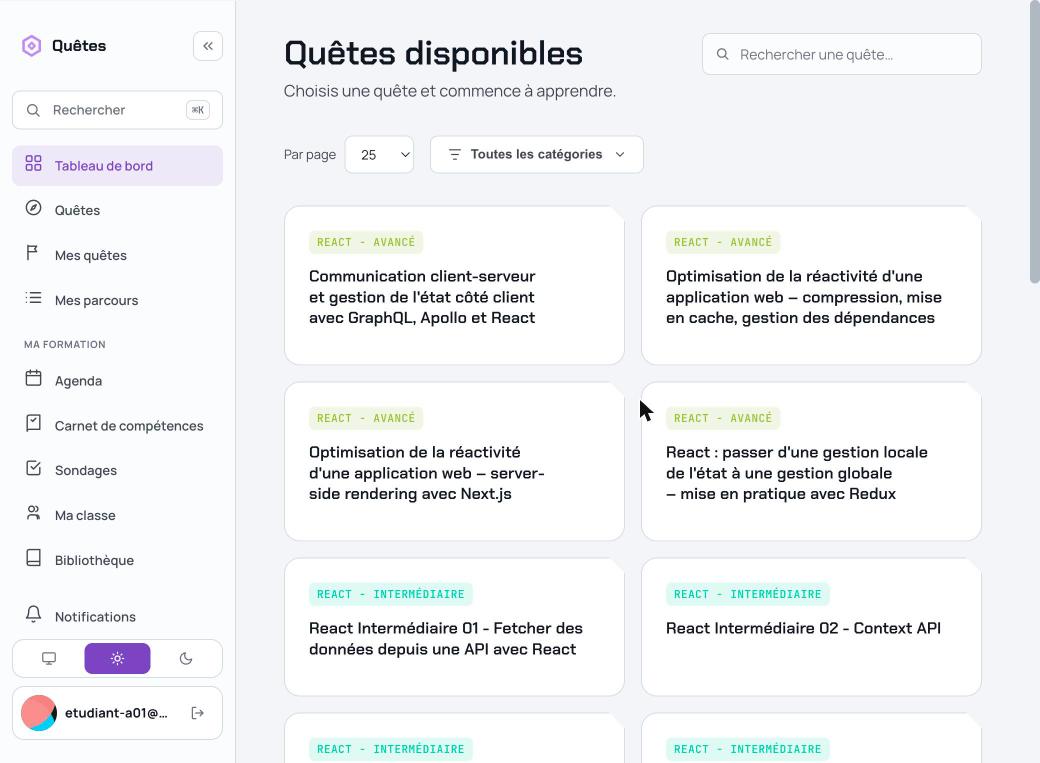Catalogue d'un élève, filtré sur son groupe React, 21 quêtes