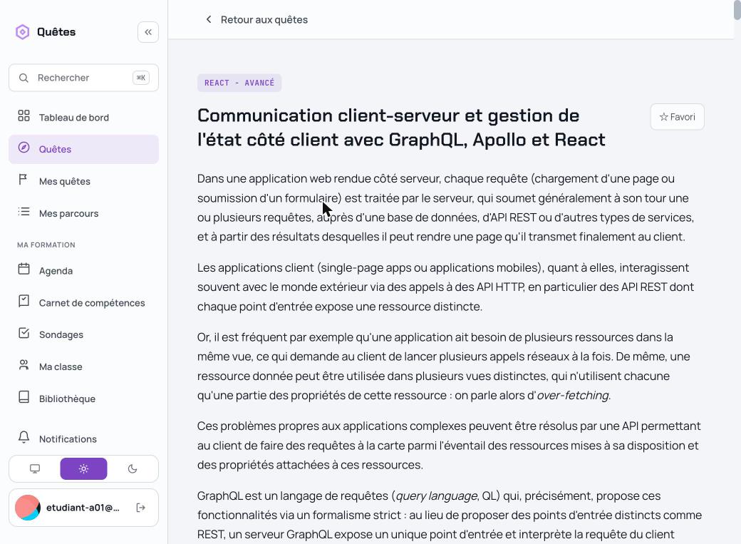 Détail d'une quête ouverte par un élève, sans lien d'administration