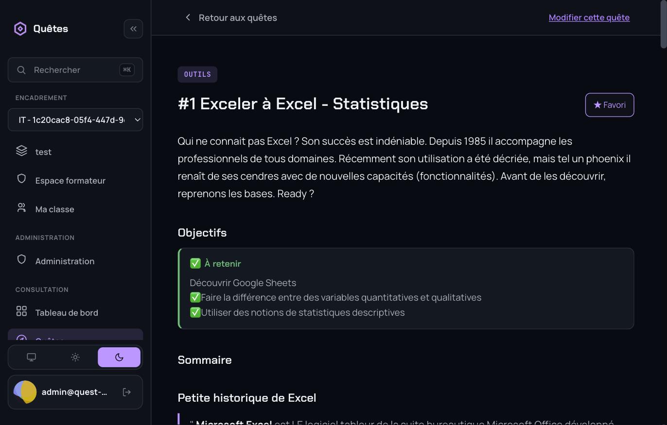 Une quête ouverte dans l'application Quêtes : sidebar, catégorie, objectifs pédagogiques