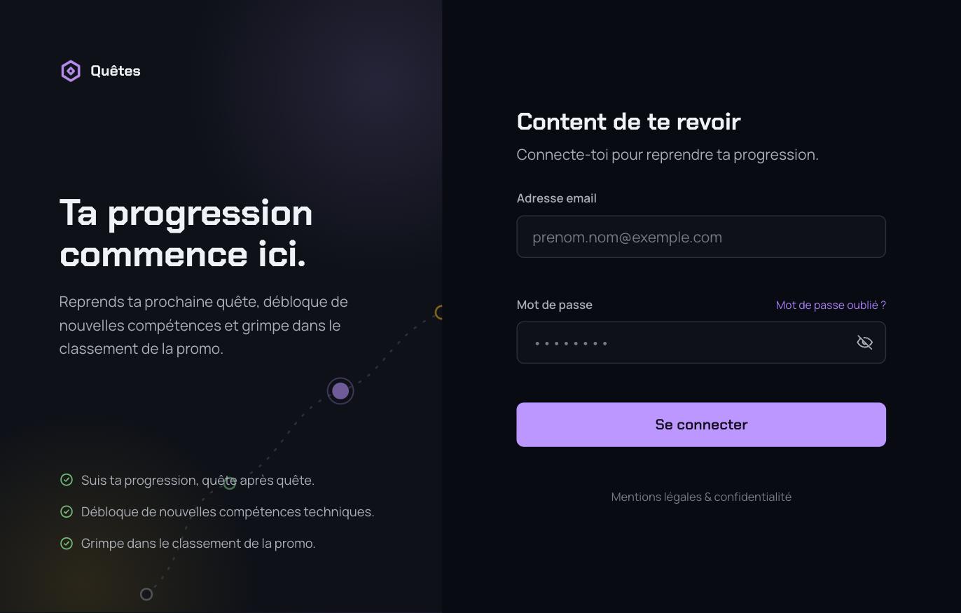 Écran de connexion de Quêtes, thème sombre