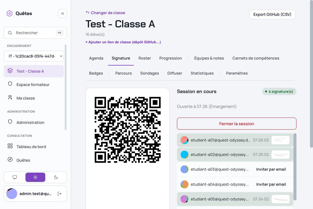 Onglet Signature du hub de classe : QR rotatif et liste des élèves avec leur statut d'émargement