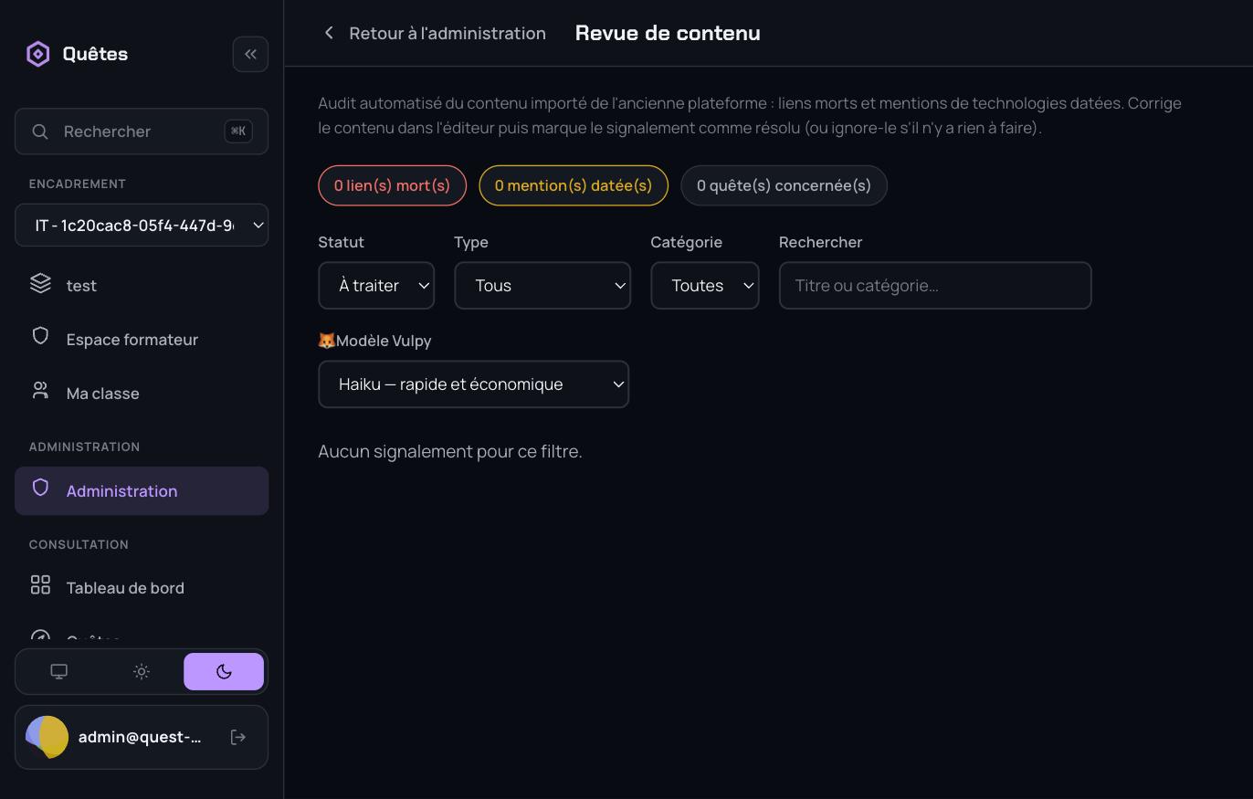 Écran de revue de contenu avec sélecteur de modèle Vulpy